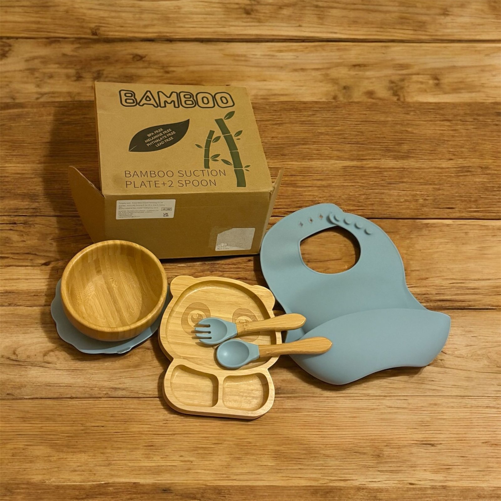Bamboo Baby Feeding Set – Suction Plate, Bowl, Spoon, Fork & Silicone Bib | Eco-Friendly, BPA-Free, Non-Slip